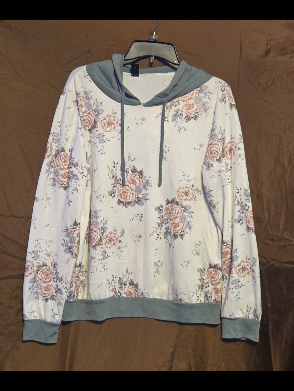 Floral Hoodie Pullover Lightweight Sweatshirt Pink Roses Size Large